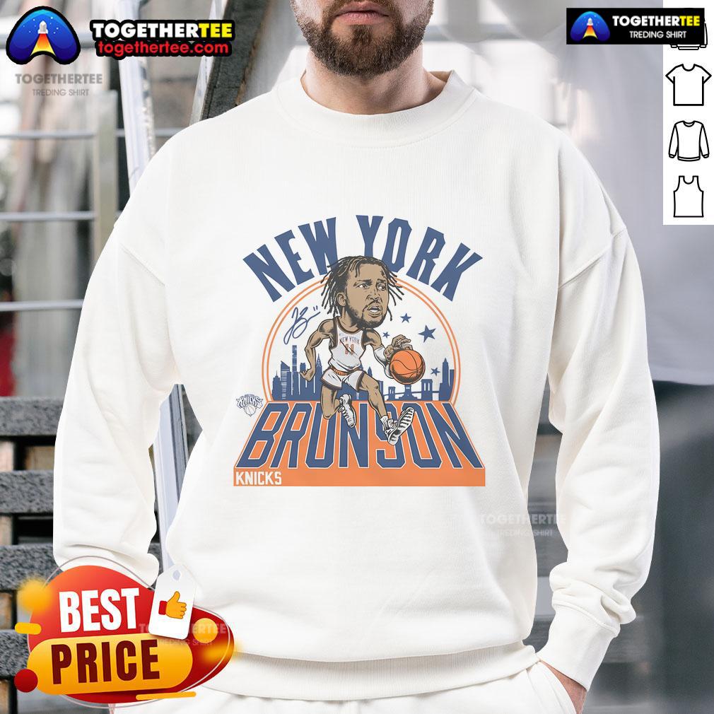 Official Knicks Jalen Brunson signature sweatshirt showcasing team colors and logo, perfect for fans and players alike.