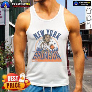 Official Knicks Jalen Brunson Signature Tank Top featuring bold team colors and player graphics for fans and collectors.