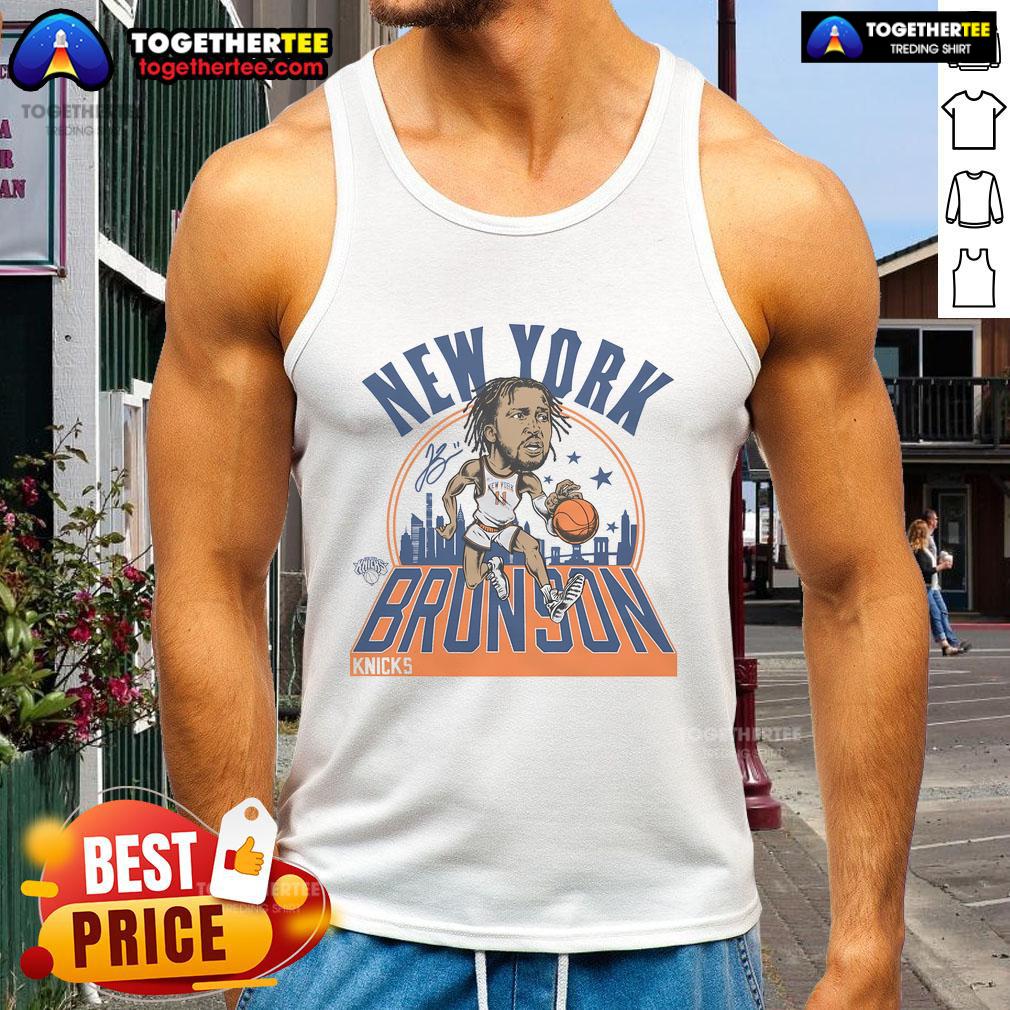 Official Knicks Jalen Brunson Signature Tank Top featuring bold team colors and player graphics for fans and collectors.