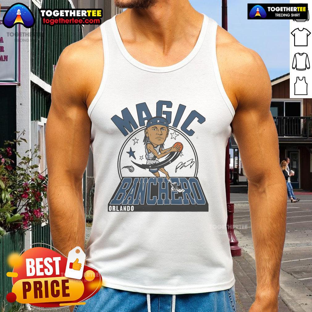 Alt Text: Official Magic Paolo Banchero Signature Tank Top featuring bold graphics and team colors for fans and collectors.