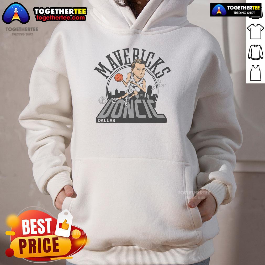 Official Mavericks Luka Doncic signature hoodie featuring team colors and logo, perfect for fans and players alike.