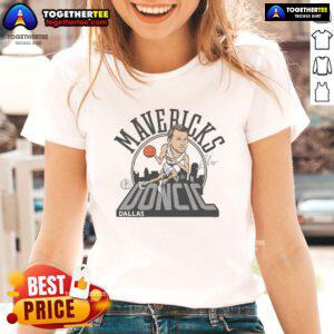 Alt Text: Official Mavericks Luka Doncic signature ladies tee featuring team logo, stylish design, and comfortable fit for fans.