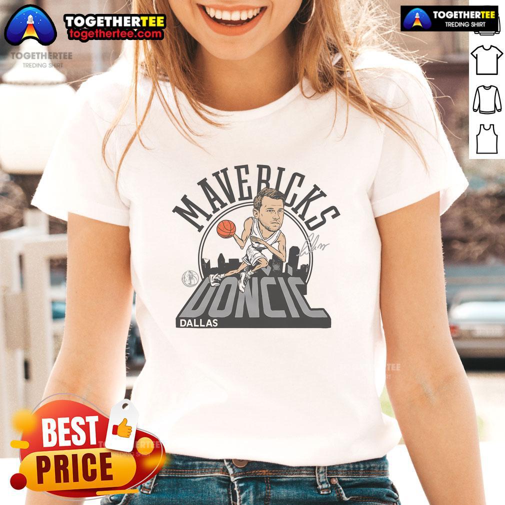 Alt Text: Official Mavericks Luka Doncic signature ladies tee featuring team logo, stylish design, and comfortable fit for fans.