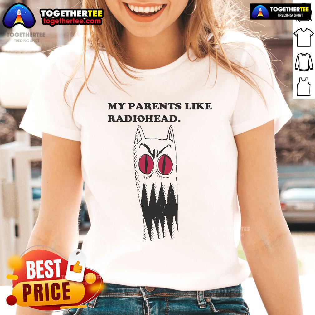 Official My Parents Like Radiohead Ladies Tee featuring a stylish design for music lovers and fans of Radiohead.