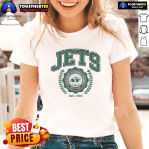 Official New York Jets Team Crest Est 1960 Ladies Tee featuring the iconic Jets logo in vibrant green and white colors.