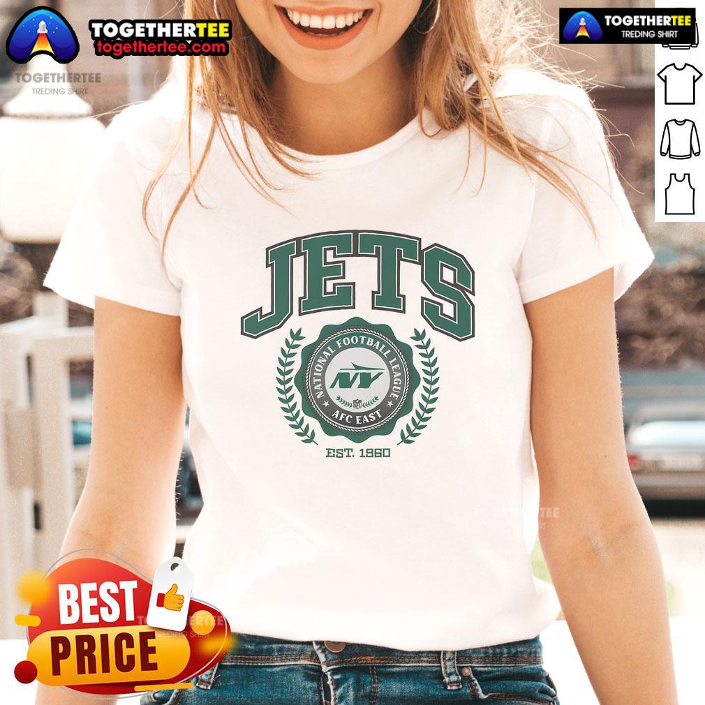 Official New York Jets Team Crest Est 1960 Ladies Tee featuring the iconic Jets logo in vibrant green and white colors.