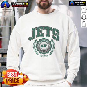 Alt Text: Official New York Jets Team Crest Est 1960 Sweatshirt featuring the iconic logo on a stylish green background.