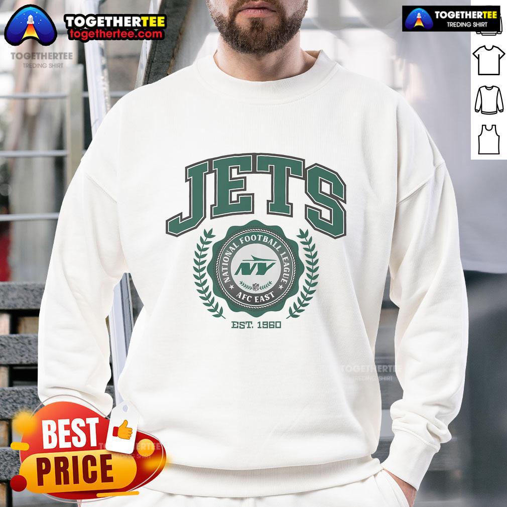 Alt Text: Official New York Jets Team Crest Est 1960 Sweatshirt featuring the iconic logo on a stylish green background.