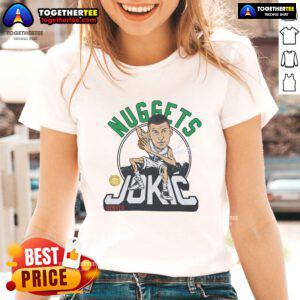 Alt Text: Official Nuggets Nikola Jokic signature ladies tee featuring vibrant team colors and stylish design for fans.