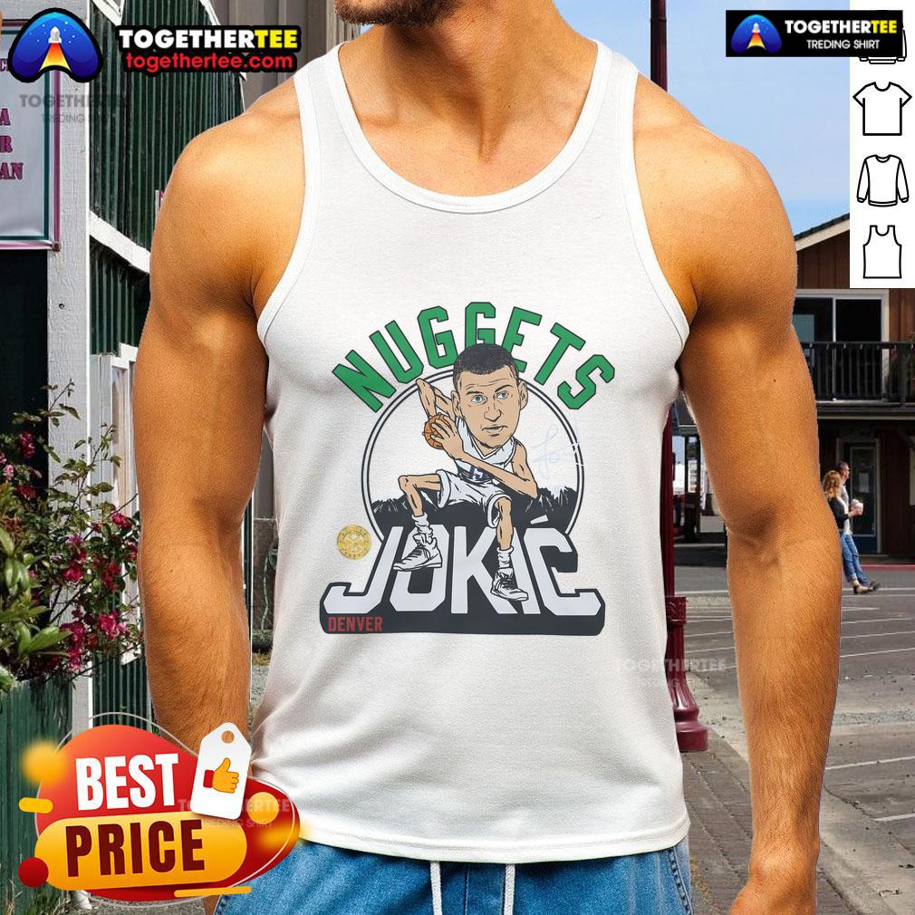 Official Nuggets Nikola Jokic signature tank top featuring vibrant colors and player graphics, perfect for fans.