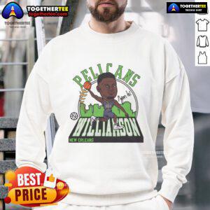 Official Pelicans Zion Williamson signature sweatshirt featuring team colors and logo, perfect for fans and collectors.