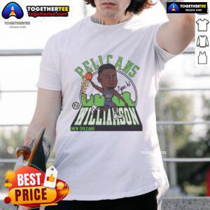 Alt Text: Official Pelicans Zion Williamson Signature T-Shirt featuring bold graphics and team colors for fans and collectors.