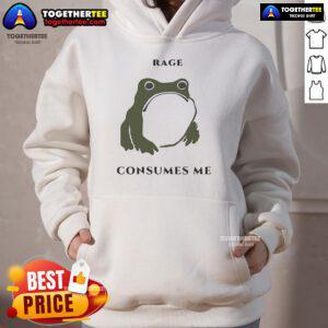 Official Rage Consumes Me Frog Meme Hoodie featuring vibrant frog graphic and bold text design for meme enthusiasts.