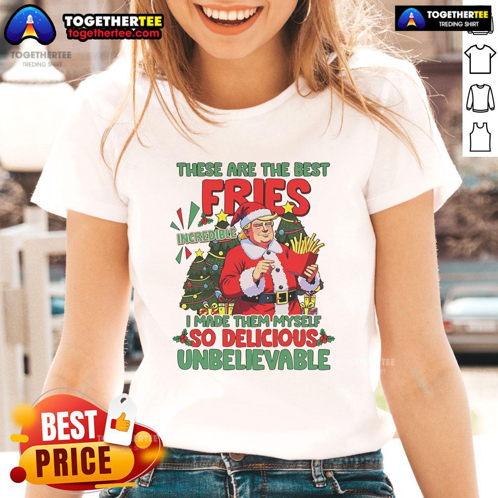 Official Santa Trump McDonald's Christmas tee featuring fries and a humorous holiday design, perfect for festive attire.