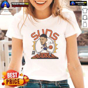 Official Suns Devin Booker Signature Ladies Tee showcasing stylish design and vibrant team colors for female fans.