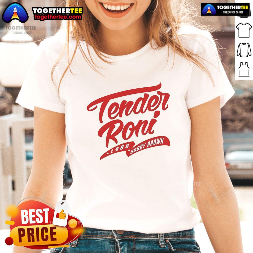 Official Tender Roni 1988 Bobby Brown ladies tee featuring vibrant graphics and retro style for fans of 80s music fashion.
