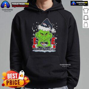 Alt Text: Official The Grinch Love 2024 Denver Broncos Football Christmas Hoodie for festive fans and holiday cheer.