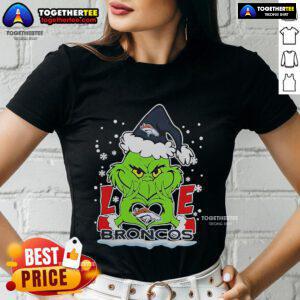 Official The Grinch Love 2024 Denver Broncos Football Christmas Ladies Tee, perfect for festive NFL fans.
