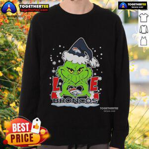 Official The Grinch Love 2024 Denver Broncos Football Christmas Sweatshirt featuring festive design and team colors.