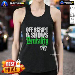Alt Text: Will Ospreay wearing a Brutality tank top at an official off-script show, showcasing his dynamic wrestling style.