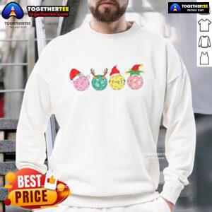 Premium Christmas pickleball player sweatshirt with festive lights, reindeer, and elf design for holiday sports enthusiasts.
