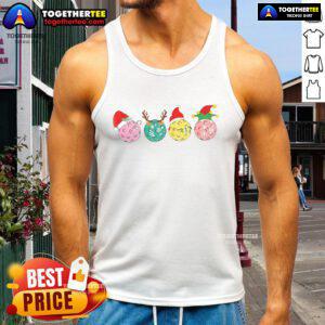 Premium Christmas pickleball player in a festive tank top with Xmas lights, reindeer, and elf design for holiday fun.