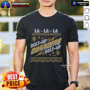 Pretty Los Angeles Chargers holiday t-shirt featuring festive design and team colors, perfect for game day celebrations.