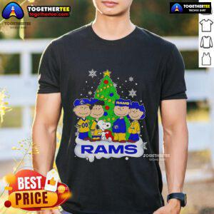 Pretty Peanuts characters adorn a Los Angeles Rams Christmas Tree T-Shirt, perfect for holiday cheer and NFL fans.