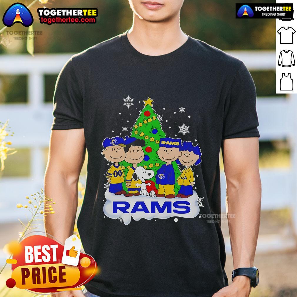 Pretty Peanuts characters adorn a Los Angeles Rams Christmas Tree T-Shirt, perfect for holiday cheer and NFL fans.