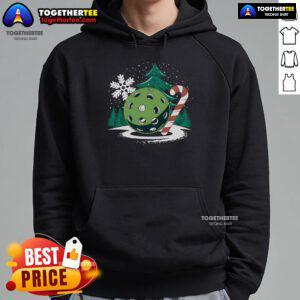 Festive winter hoodie featuring a snowy pickleball Christmas tree and snowflake design, perfect for holiday sports lovers.