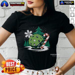Snowy pickleball Christmas tree design on a festive winter tee for ladies, featuring snowflakes and holiday spirit.