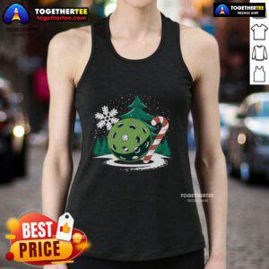 Festive winter tank top featuring a snowy pickleball Christmas tree and snowflakes, perfect for holiday sports enthusiasts.