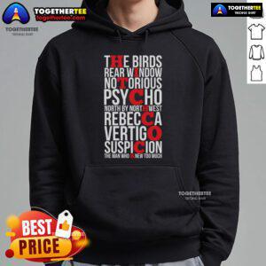Top Alfred Hitchcock hoodie featuring iconic film imagery and stylish design, perfect for fans of classic cinema.
