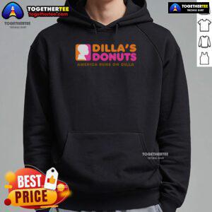 Top-Dillas Donuts hoodie featuring 'America Runs on Dilla' slogan, perfect for donut lovers and cozy style.