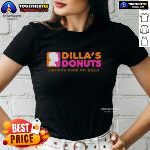 Top Dillas Donuts America Runs On Dilla ladies tee featuring a fun donut graphic and vibrant colors.