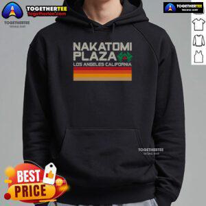 Retro hoodie featuring Nakatomi Plaza design, Los Angeles, California, perfect for fans of iconic 80s cinema.