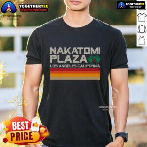 Retro Nakatomi Plaza T-shirt featuring iconic Los Angeles skyline design, perfect for fans of classic films and vintage style.