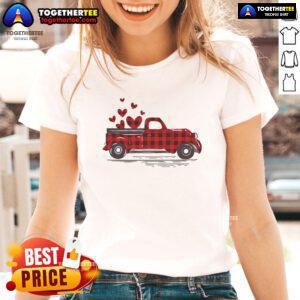 Nice buffalo red plaid hearts pickup truck cute Valentine's Day ladies tee for festive style and comfort.