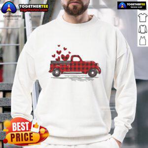 Buffalo red plaid hearts pickup truck sweatshirt, perfect for a cute Valentine's Day look.