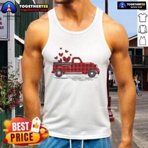 Cute Valentine's Day tank top featuring a red plaid truck with buffalo hearts, perfect for festive celebrations.