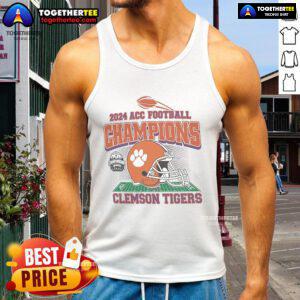 Official Clemson Tigers 2024 ACC Football Conference Champions helmet tank top featuring vibrant team colors and logo.