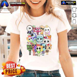 Official Dandy World Characters Ladies Tee featuring vibrant graphics of beloved characters on a stylish women's shirt.
