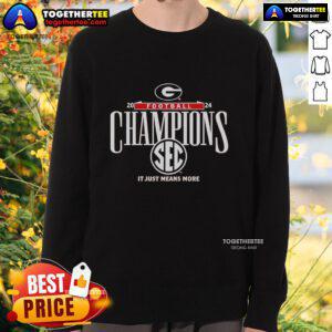 Official Georgia Bulldogs 2024 SEC Football Conference Champions locker room sweatshirt featuring team logo and colors.