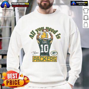 Official Packers Homage 10 'All You Need Is Love' sweatshirt featuring a cozy design and vibrant team colors.