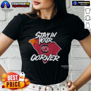 Official South Carolina Football Stay In Your Corner Ladies Tee in garnet color, perfect for game day and fan style.