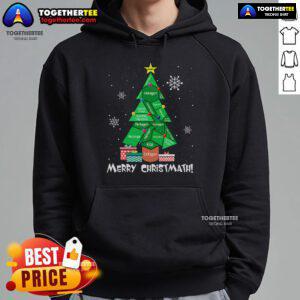 Alt Text: Pretty math teacher wearing a Merry Christmas hoodie with a polygon Christmas tree design, celebrating geometry.