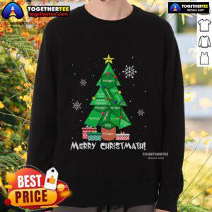 Alt Text: Math teacher wearing a festive sweatshirt featuring a polygon Christmas tree design for a Merry Christmas celebration.