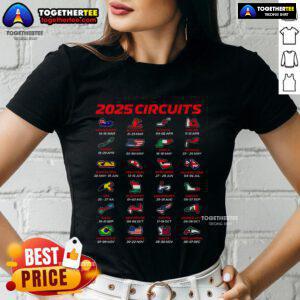 2025 Formula Racing Track design on a ladies tee, featuring top circuits and vibrant graphics for motorsport fans.