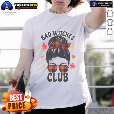 Top Bad Witch Club Messy Bun Halloween Mom T-Shirt featuring a stylish design perfect for festive celebrations.