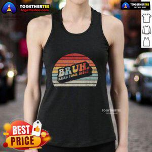 Vintage sunset tank top featuring 'Top Bruh Read Your Bible' graphic design, perfect for casual summer wear.